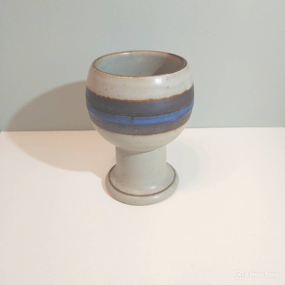 Vintage Otagiri stoneware beige, blue wine drink goblet mug party drinkware